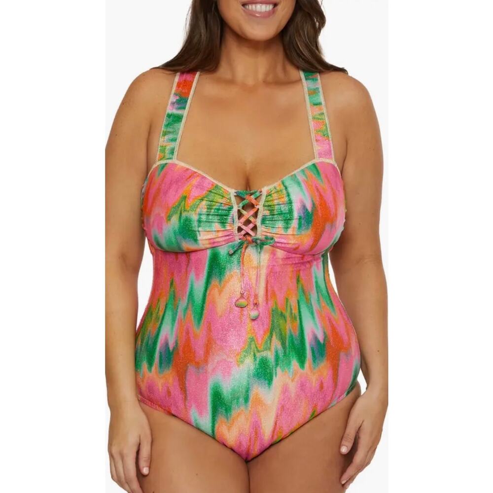 Becca Mirage Metallic Shimmer Lace Up One Piece Swim Suit 1X NWT